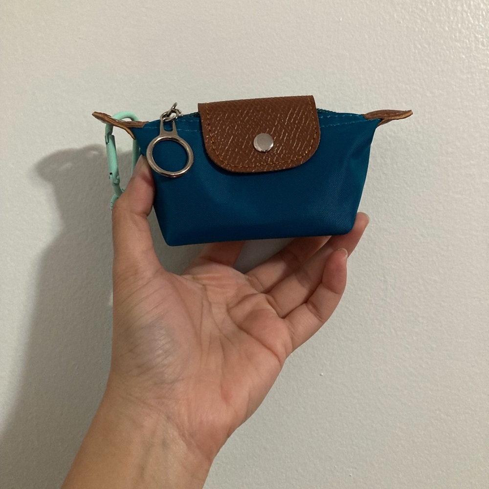 Mini Light Blue and Brown Silver Hardware Snap Button Zipper Closure Coin Purse